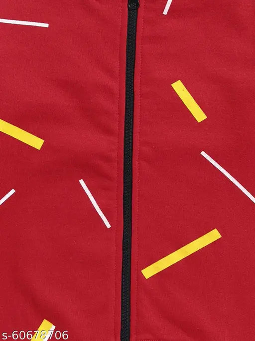 Boys full sleeve red and white zip cotton sweatshirt with all over print