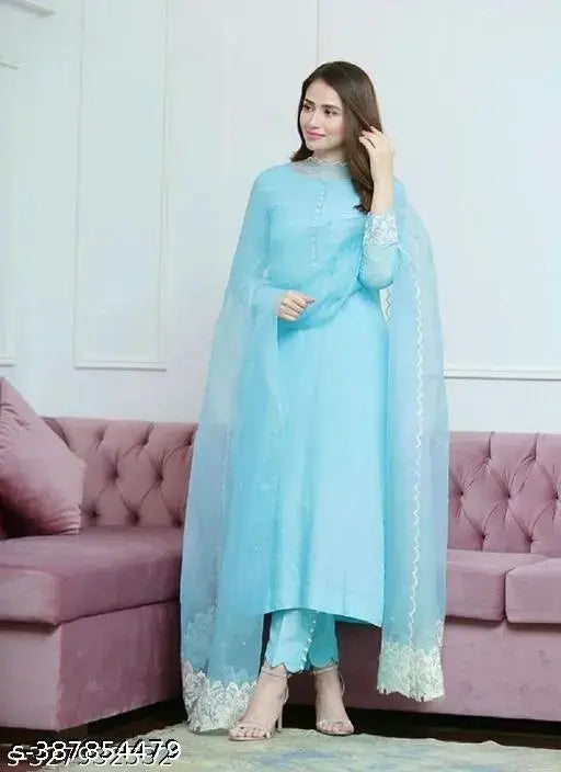 Cotton blend kurta set with pants and dupatta for women, dyed/washed net design. Full stitched picture of single size set from India