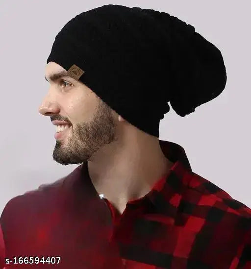 Black wool beanie cap (Pack-1), self-design, stays warm during outdoor activities & daily use, perfect for ski, snowboarding, camping, hiking, and holidays. Made in India