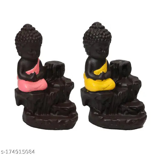 Black, yellow, pink, and gold Buddha smoke fountains with multi-colored vases, 12 rods, and 20 included