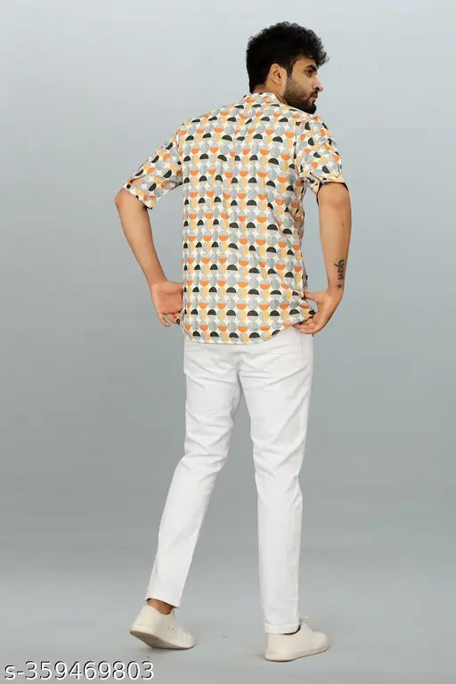 Men's self-designed polo neck polyester T-shirt, short sleeve, printed with unique design, size M, made in India