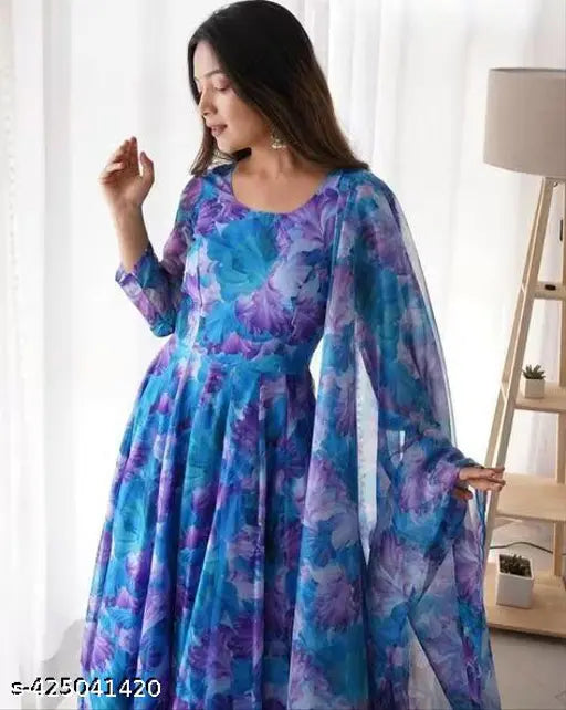 Georgette printed net three-quarter sleeve women's gown, fashionable for various sizes S-XXL. Indian handcrafted