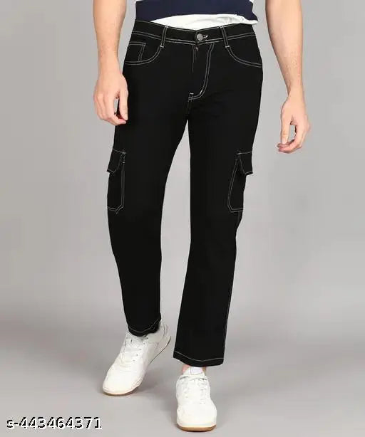 Black six-pocket men's straight-fit jeans for regular use