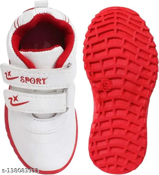 White and red sports shoes, lace-up closure, designed for athletic wear