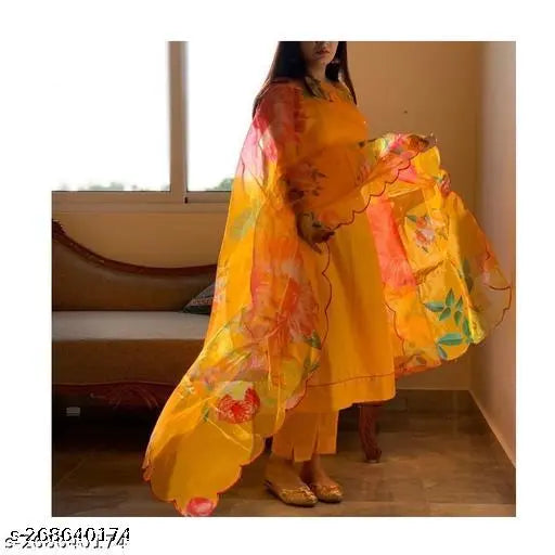 Vividly colored, long pure cotton women's kurta set with matching dupatta and pajama