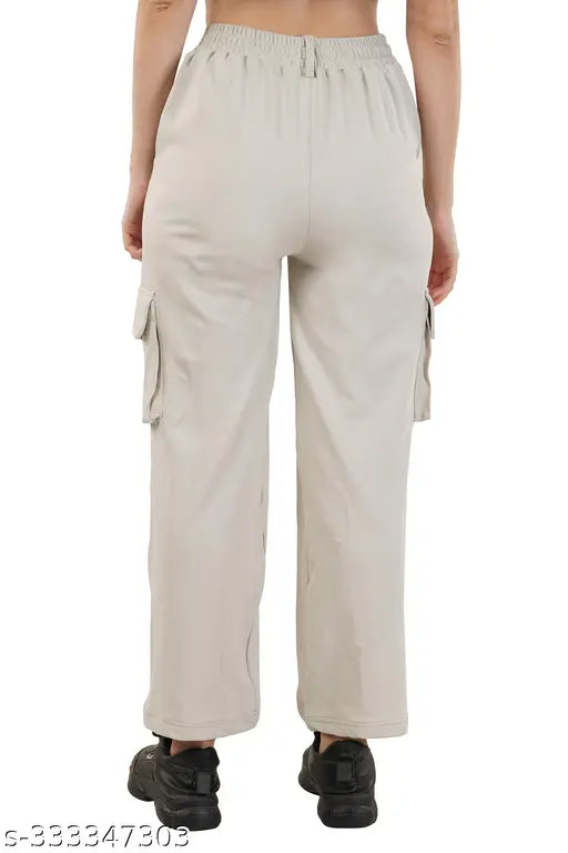 Lycra mid-waist bell bottom trousers, chic cargo pocket style for casual office wear, available in sizes 26, 30, 32, and 34 (India)