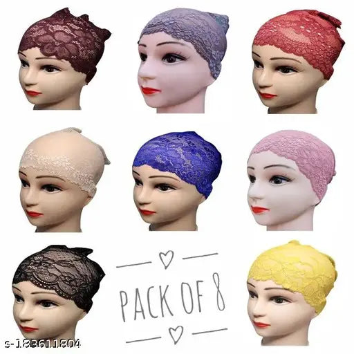 Collection of eight hijab headscarves in various colors, featuring lycra and lace materials for maximum comfort and style