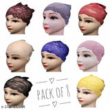 Collection of eight hijab headscarves in various colors, featuring lycra and lace materials for maximum comfort and style