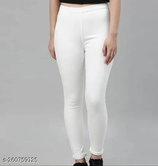 Four-way stretchable lycra jeggings, ankle length, high-quality knitted cotton blend for comfortable wear. Sizes 28", 30", 32", and 34