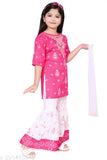 Rayon ethnic kurta Palazzo set with dupatta, printed, three-quarter sleeves, suitable for kids aged 2-5 years. Handcrafted in India