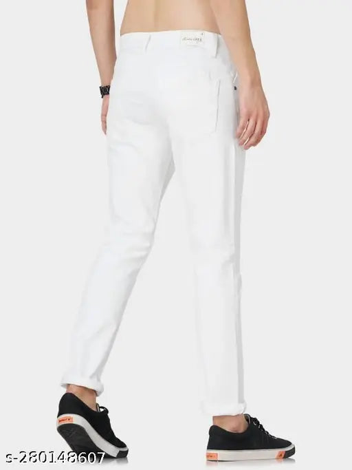 clean white denim jeans for young men, mid-rise with five pockets, button waist closure, solid pattern, clean wash, origin in India