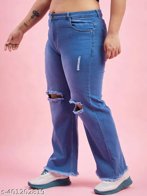 Plus size women stretchable blue denim jeans