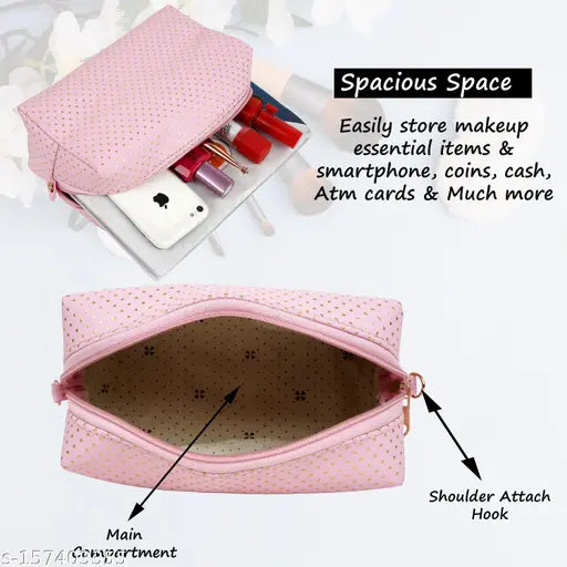 Pink cosmetic sling bag with zip closure, essential makeup items and smartphone