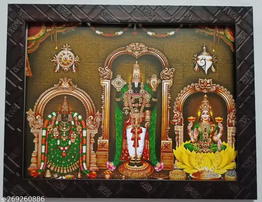 Synthetic resin Balaji God photo frame, 9x12 inches featuring Tirupathi Venkateswara and Sridevi Bhudevi Lakshmi devi Mahalakshmi for home decor
