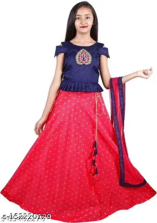 Kids girls Lehenga Cholis, cotton blend top & taffeta silk lehenga, jacquard stitch embroidery, super net dupatta, sleeveless, India-made