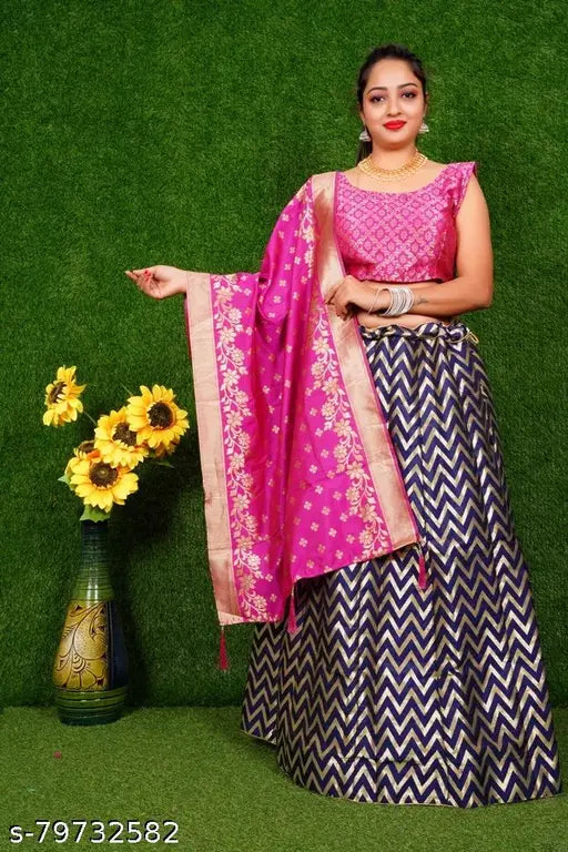 Soft Silk Banarasi Lehenga-Choli Collection, intricately designed semi-stitched blouse and dupatta in heavy Jacquard silk, perfect for special occasions