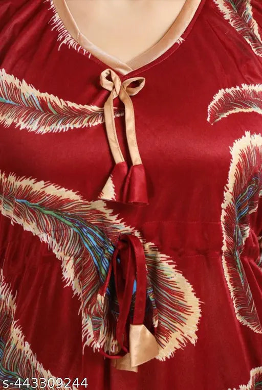 Maroon all-over cross print satin kaftan night suit and pyjama set, trendy women's luxury sleepwear