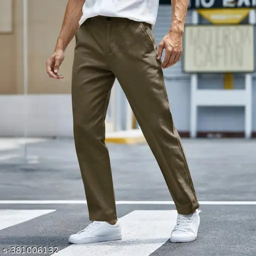 Solid brown cotton trousers for men's fashion, waist size 28-36, length 38-42 inches