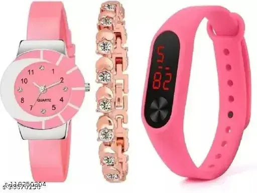 Pink watch with digital display and pink bracelet