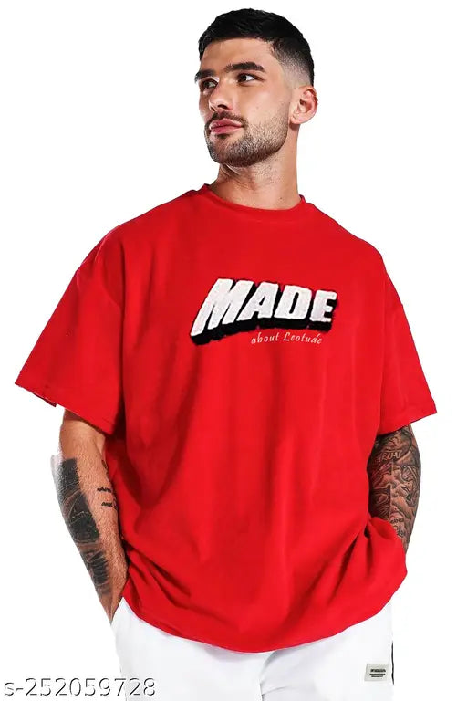 Red cotton-blend round short-sleeve LEOTUDE Men's t-shirt with placement print, ideal casual wear