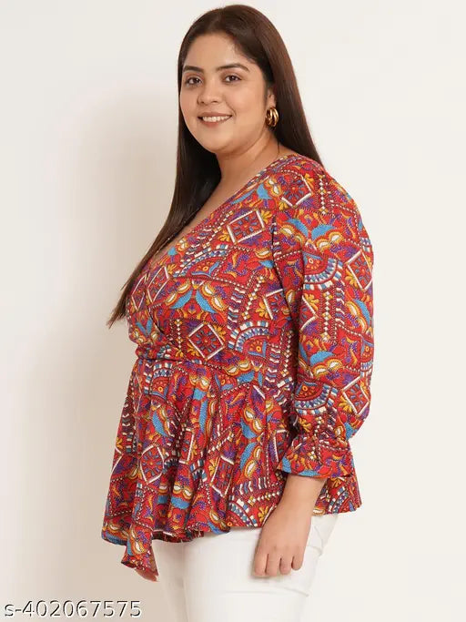 Grey and pink puff-sleeve A-line top with floral print, three-quarter sleeves, V-neck, made of woven crepe. Indian fashion wear for women