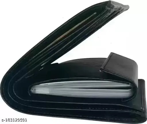Black faux leather men's casual wallet, regular size with 10 card slots and 2 compartments