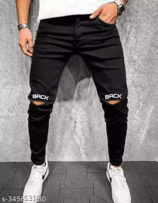 Men's latest black cotton jeans, solid pattern with writing print, available in sizes 28, 30, 32 (Waist: 28in, Length: 40in), Made in India