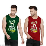 Bottle-maroon men's pure cotton sleeveless t-shirt with beach vibes print, perfect for gym or casual wear