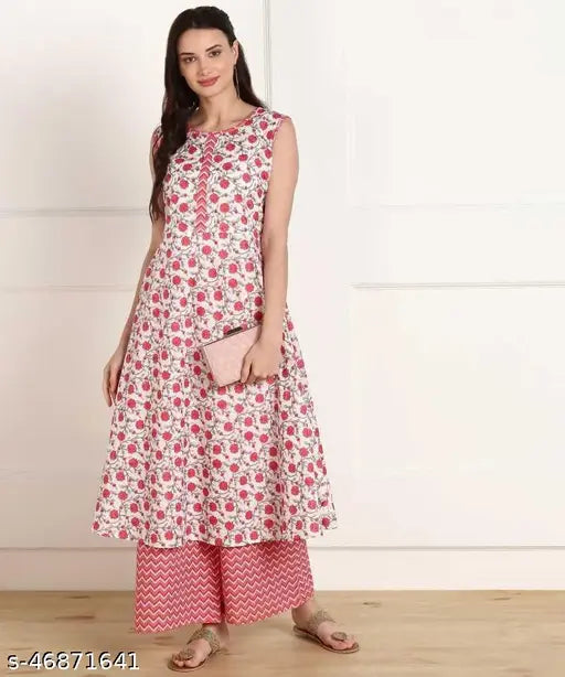 Voguish women's cotton kurta sets in printed net pattern, sleeveless with palazzos bottomwear. Single set sizes available from XS to XXXL originating from India