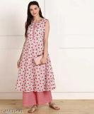 Voguish women's cotton kurta sets in printed net pattern, sleeveless with palazzos bottomwear. Single set sizes available from XS to XXXL originating from India