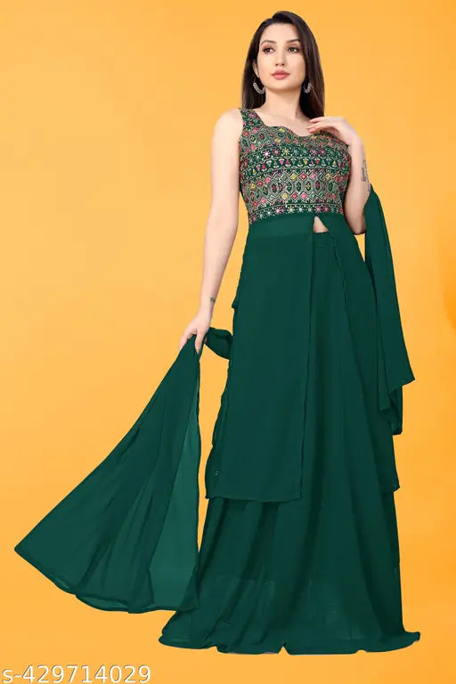 Green designer anarkali set, long sleeves, flared skirt, embroidery detailing