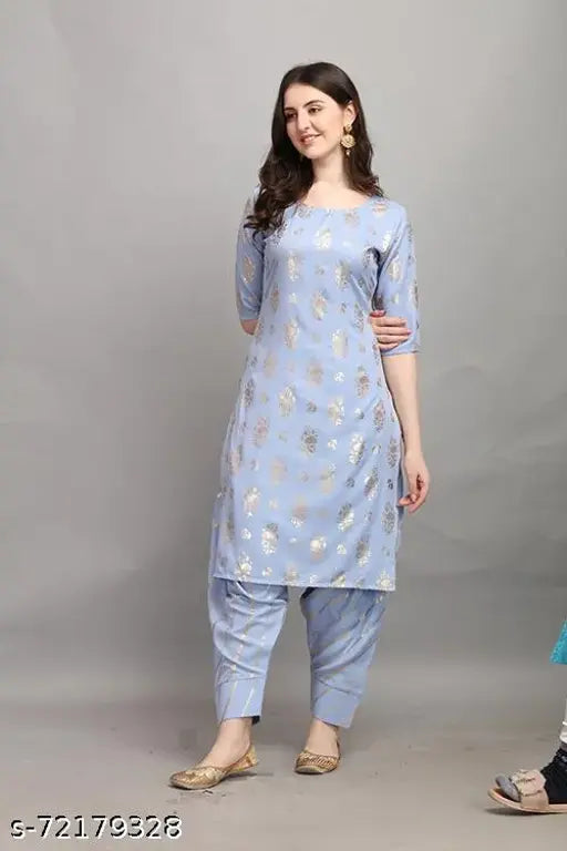 Paper silk Kurta set with rayon palazzos, three-quarter sleeves, Indian woven design, sizes S to XXL