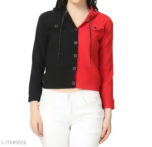 Cotton blend colorblocked black jacket for women, long sleeves, Made in India