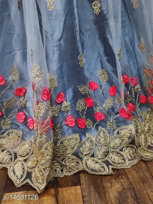 Embroidered taffeta silk lehenga with net bottom, unstitched (40in), Indian origin