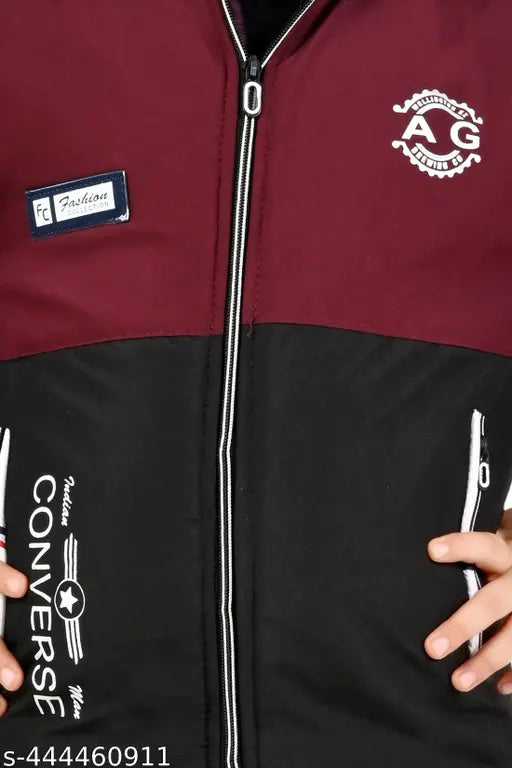 Maroon boys' long sleeve hooded winter jacket with a casual print, featuring multiple pockets and a drawstring at the waist