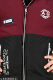 Maroon boys' long sleeve hooded winter jacket with a casual print, featuring multiple pockets and a drawstring at the waist