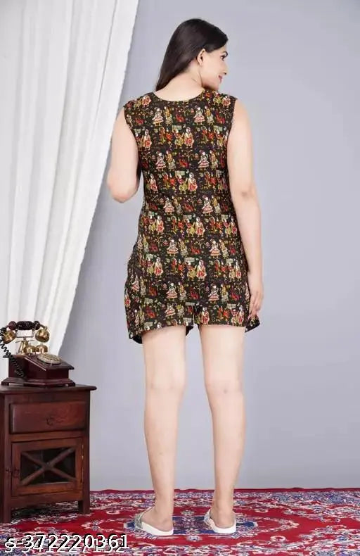 Short black rayon nightsuit with printed net design, ideal for relaxed evenings and peaceful nights