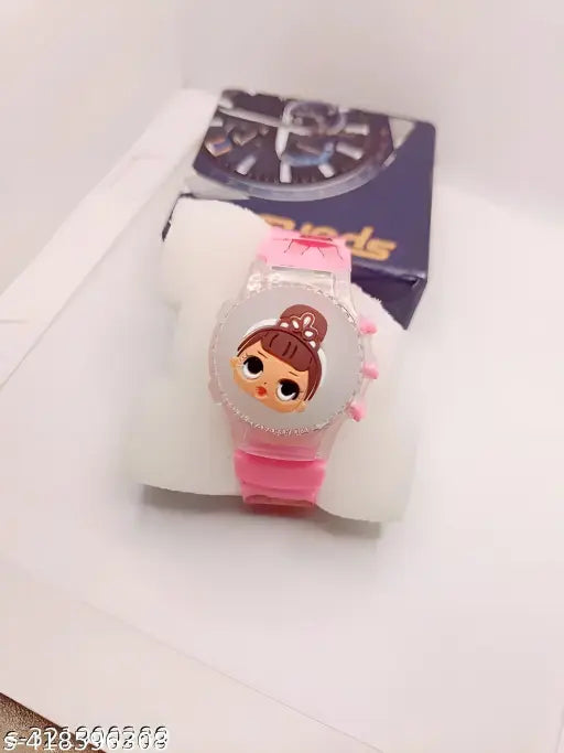 Pink watch with girl spinner character, adjustable band