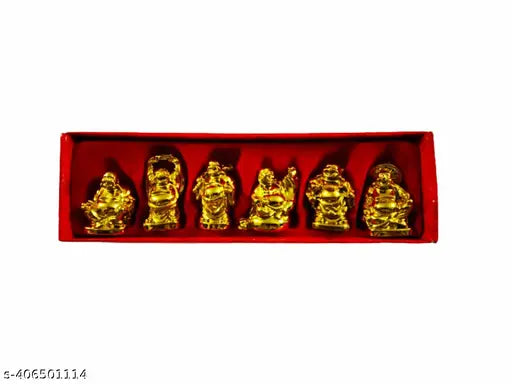 Golden set of 6 laughing Buddha figurines for wealth and success, decorative showpieces, Feng Shui home decor