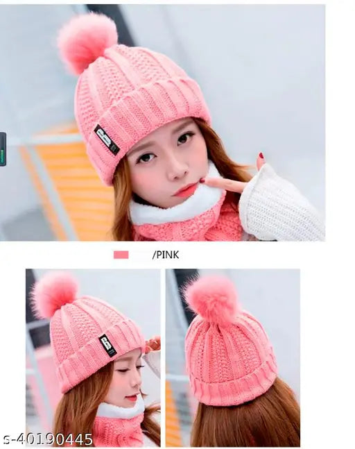 Pink winter soft ball cap, fur trimmed beanie cap and scarf set for women
