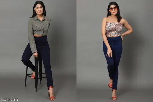 Denim skinny fit stretchable high waist elastic closer ankle length royalblue-navyblue jeggings for women pack of 2 on hanger