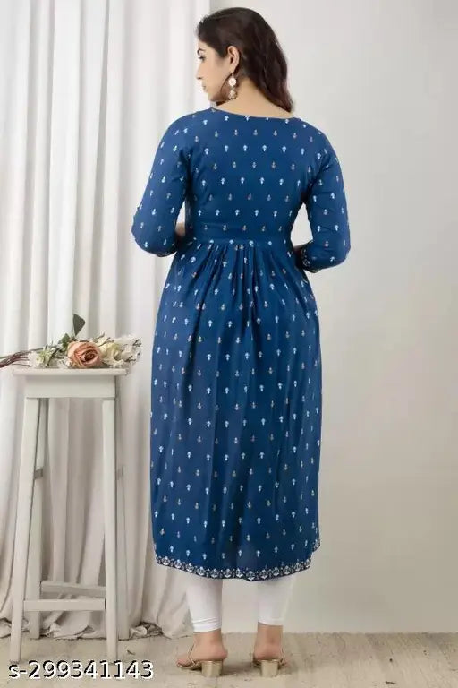 Purple rayon side-slit embroidered kurta for women, color block print and sleeved style