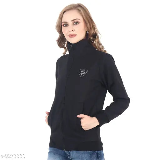 Black cotton blend hoisery winter jacket, trendy full sleeve style for women on display rack