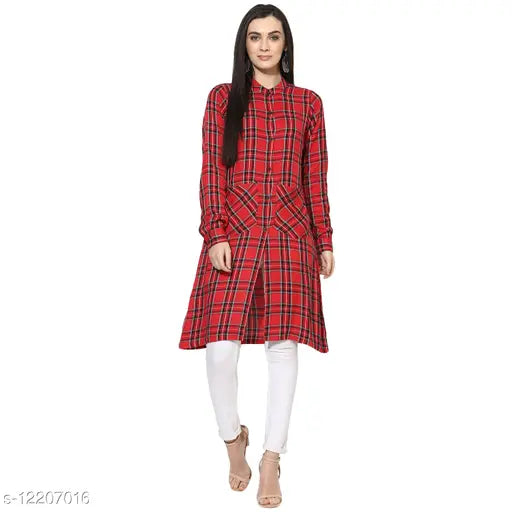 Cotton women's checkered tunic with long sleeves, printed pattern on front pocket - size S