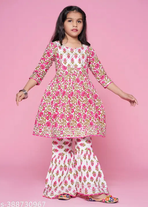 Pink cotton sharara set with dupatta, Indian traditional kids' outfit for 3-13 years