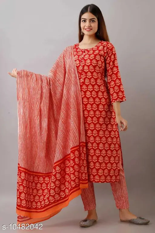 Red and white Jaipuri kurti pant set with paisley print