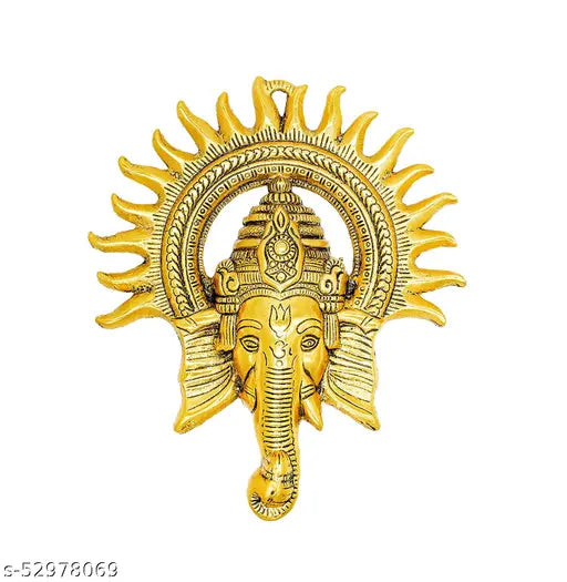Gold metal Ganesh idol with chakra, 23cm tall wall hanging showpiece for home and office decor