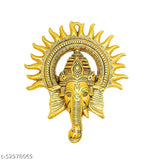 Gold metal Ganesh idol with chakra, 23cm tall wall hanging showpiece for home and office decor