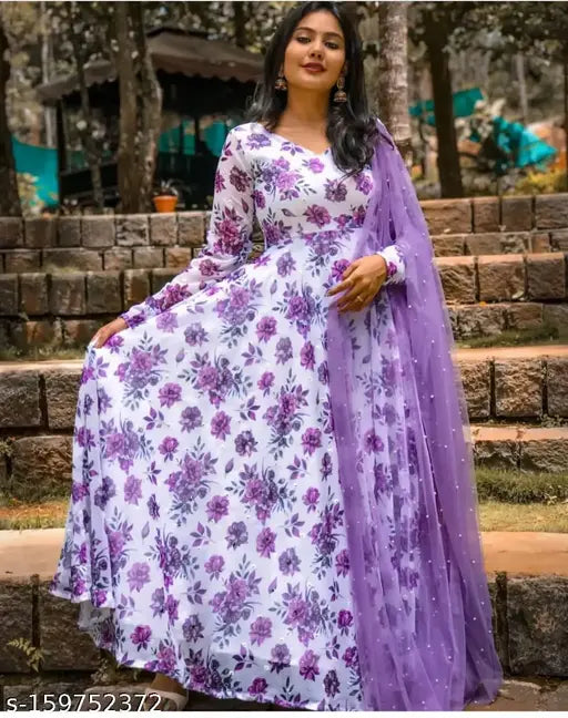Georgette print Anarkali moti gown, long-sleeved Indian fashion for petite sizes L