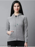 Light grey fleece zip-up hoodie for women, solid pattern, long sleeves, India origin